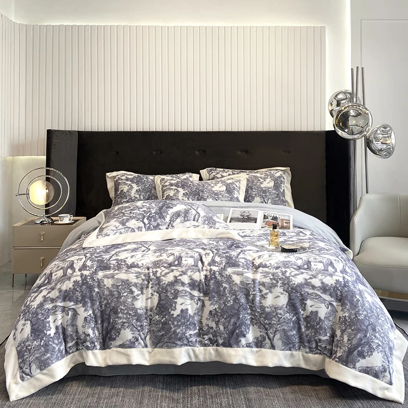 

Warm Velvet Fleece Tropical Plant Leopard Printed Bedding Set Plush Fabric Comfortable Duvet Cover Set Bed Sheet Pillowcases