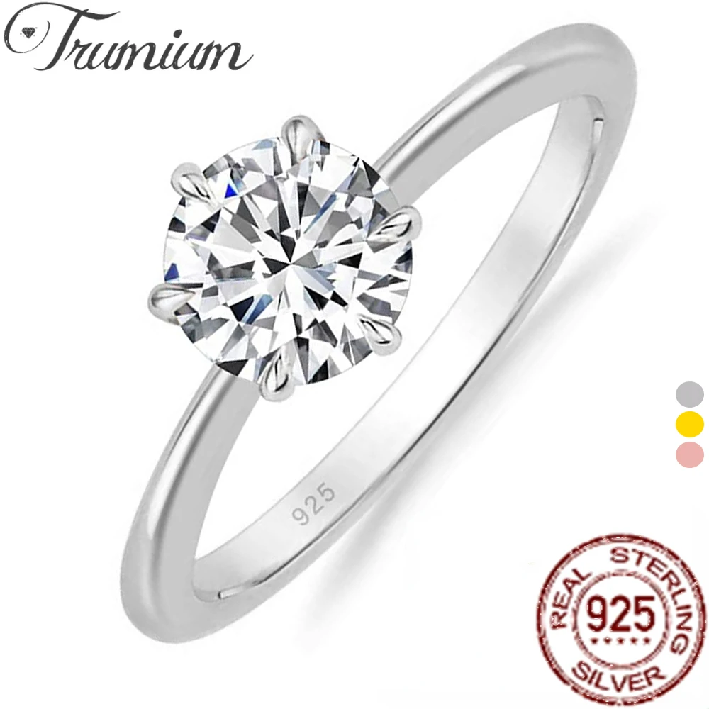 

Trumium 1ct S925 Silver ring Solitaire Round CZ Engagement Wedding Bands Classic Six Prong jewelry Rings for Women Bridal