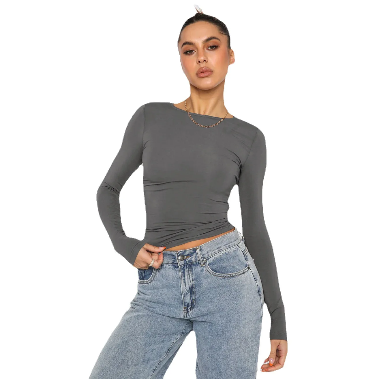 

women cropped t-shirt Tight casual long-sleeved breathable base tee shirts slim simple tops moisture wicking top tees