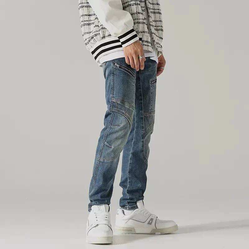 Fashion Streetwear Men Jeans Retro Blue Elastic Slim Fit Spliced Biker Jeans Men Zipper Patched Designer Hip Hop Pants Hombre