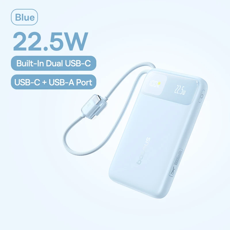 Baseus 10000mAh Power Bank 22.5W Built-In Dual USB-C Cable Thinner