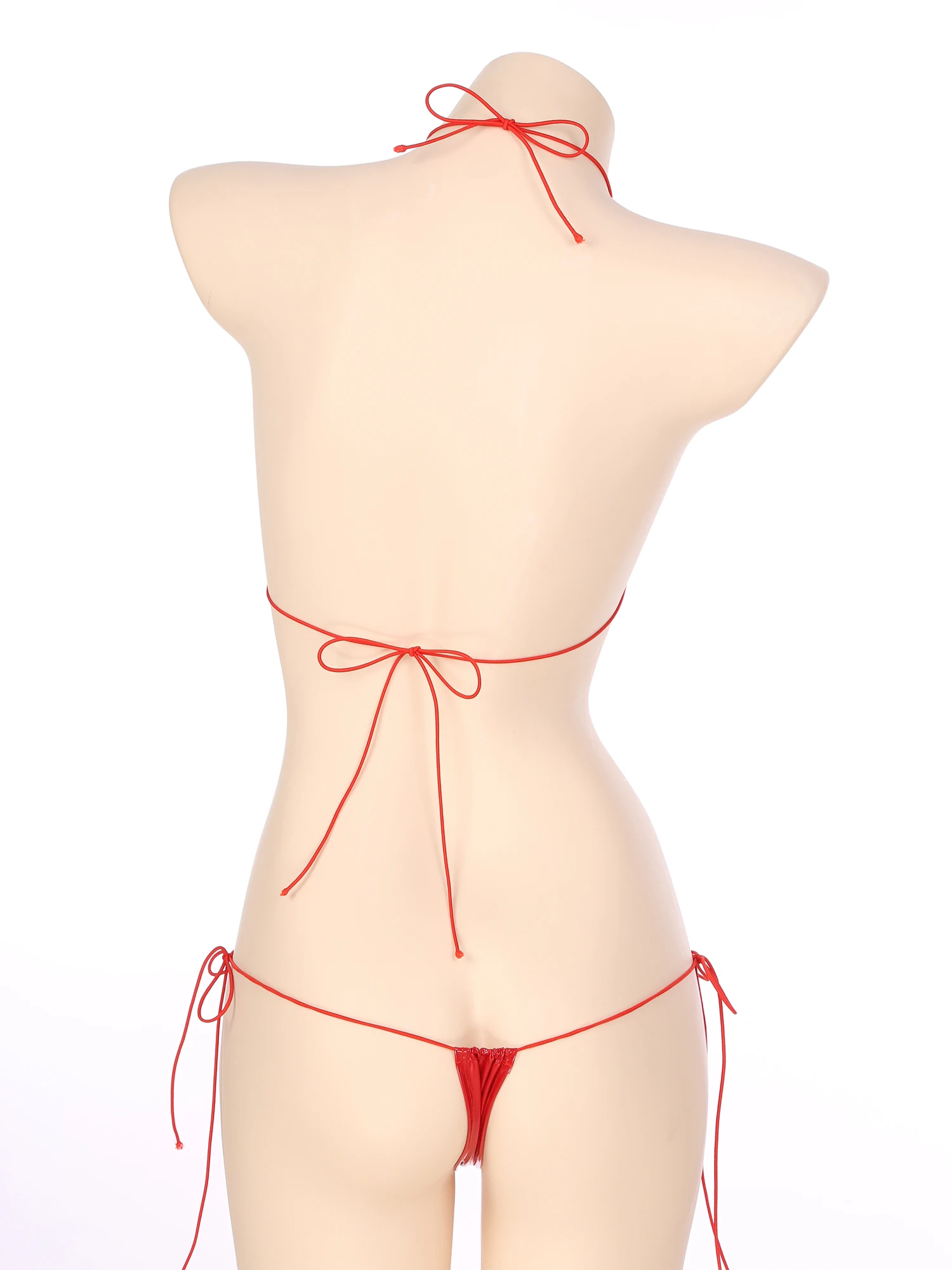 Womens Patent Leather Micro Bikini Set Wet Look Two-Piece Lingerie Suit Halter Lace-up Bra with Low Rise G-string - Image 6