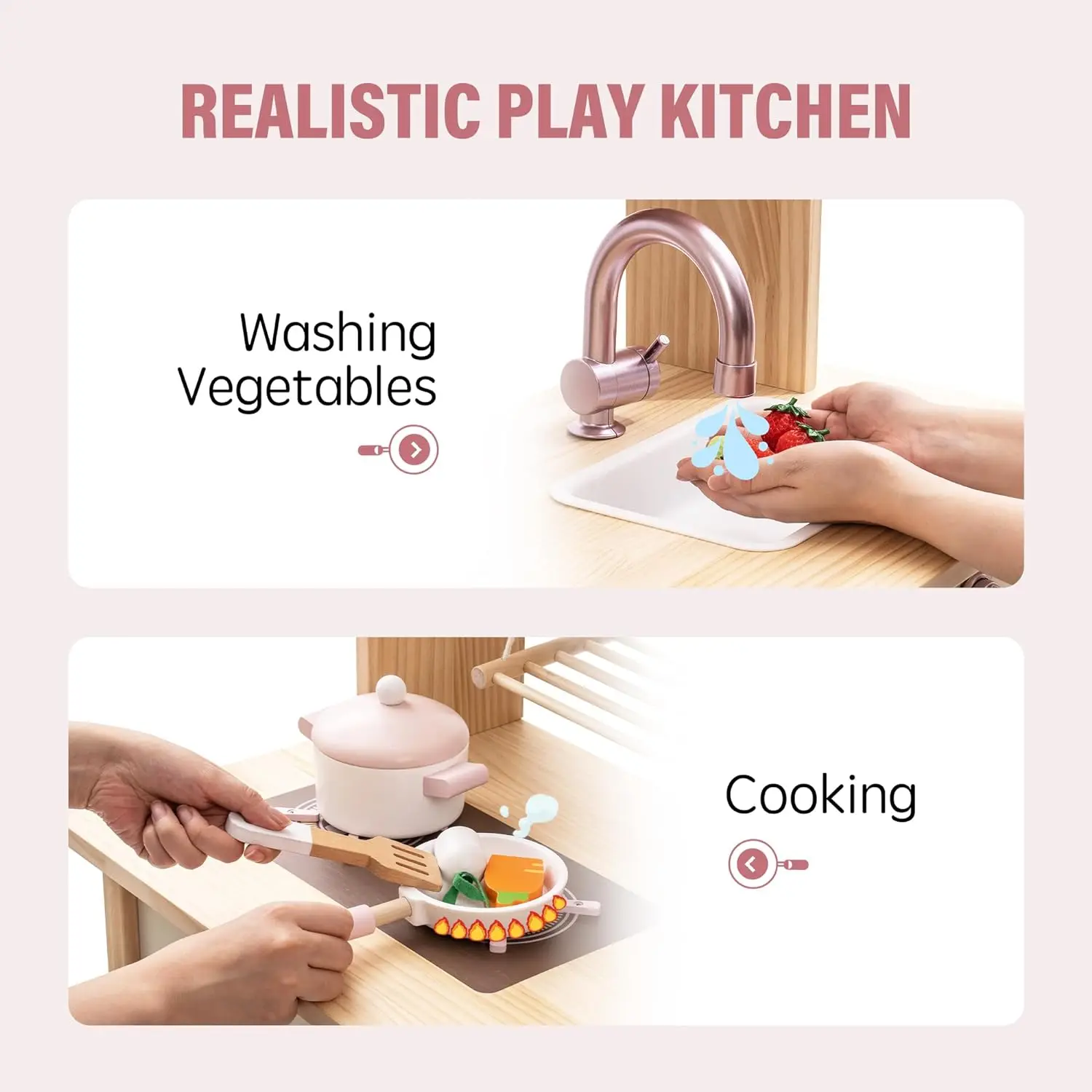 Rubud Wooden Play Kitchen with Realistic Accessories Toy Kitchen Set with Play Features Modern Style Toy Kitchen for Girls Boys 5