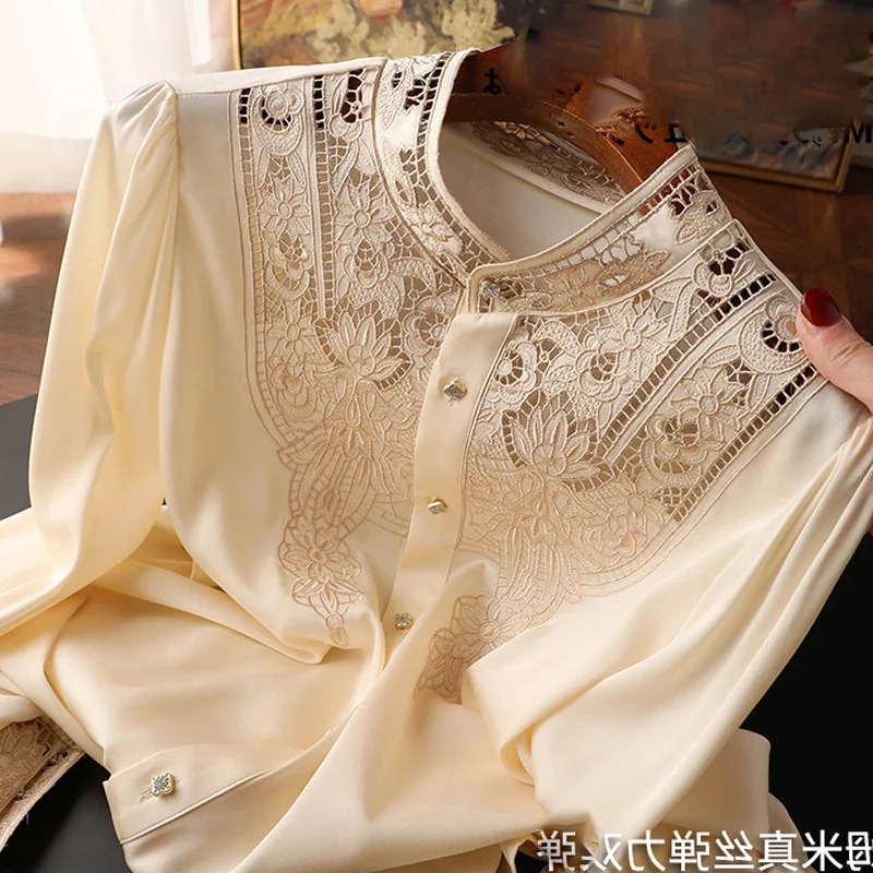 

Imitation Silk Shirt, Women's Cut Out Embroidery Shirt, Long Sleeve, Fashion Summer Blouse, Spring Summer
