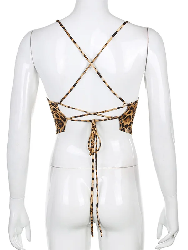 Leopard Pattern Women Tank Tops Backless Sexy Rave Outfits Sleeveless Cross Lace Up Bralette Crop Top Summer Streetwear