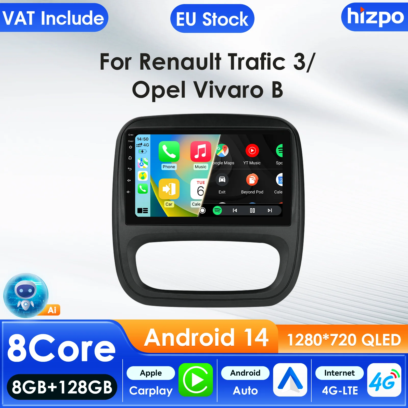 Hizpo 8581 AI-Systeme Carplay 4G Android 14 Autoradio für Renault Trafic 3 2014 Opel Vivaro B Multimedia-Videoplayer GPS FM BT