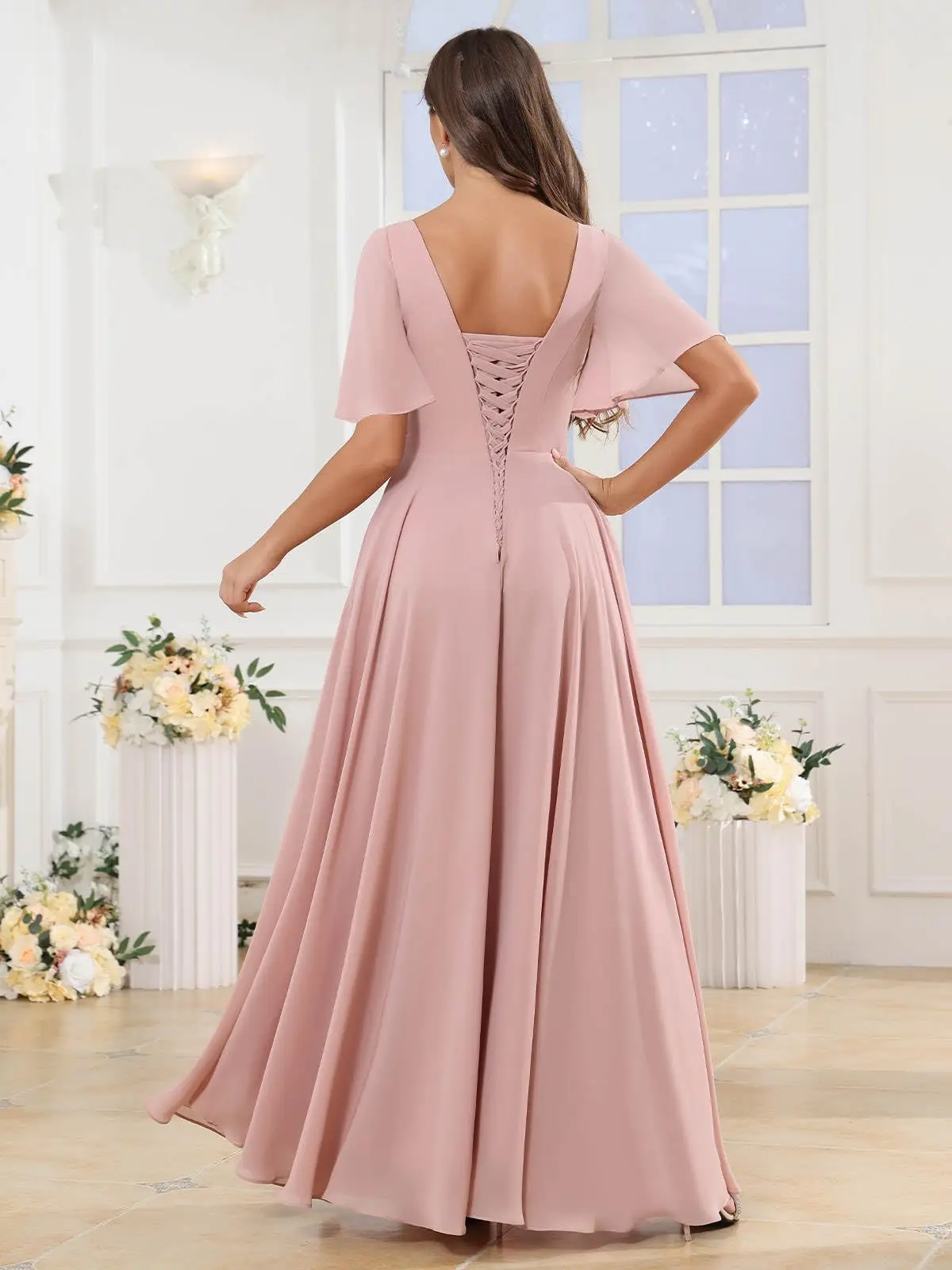Elegant Chiffon Bridesmaid Dresses with Sleeves A Line Pleated Formal Evening Party Gown with Slit V Neck Wedding Party Dress - 3