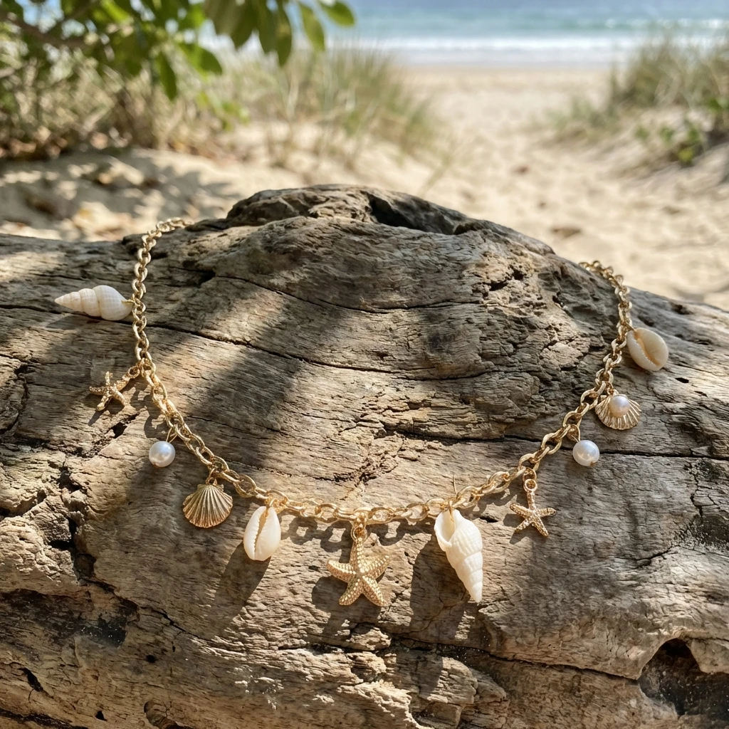 Sommerliche Perlen-Bauchkette für Damen: Goldfarbener Seestern- und Muschelanhänger, Taillenperlen, Bikini-Körperschmuck, Accessoires, Geschenk – Detail 6