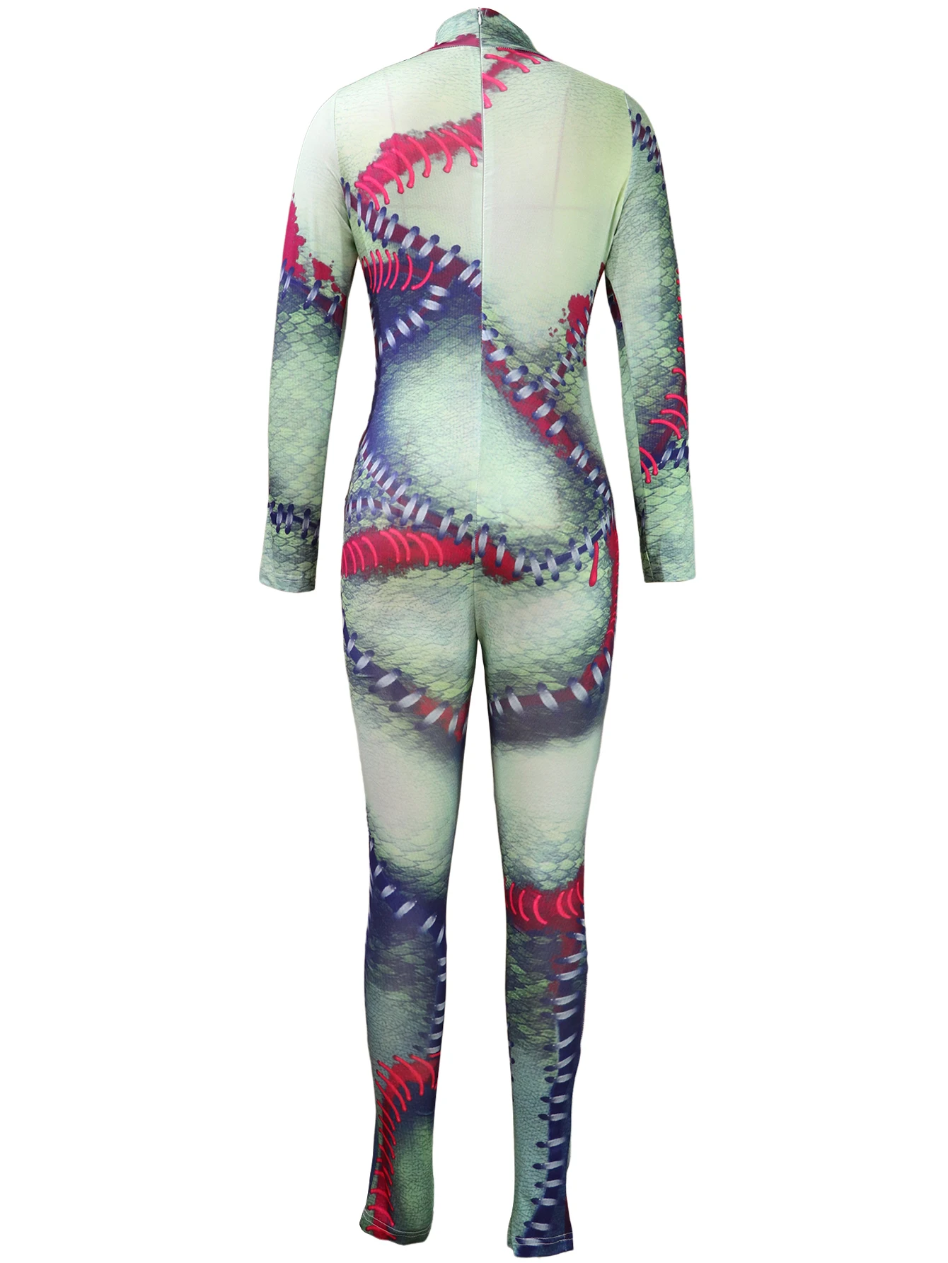 Long-Sleeved Jumpsuit Women Masquerade Horror Scary 3D Print Halloween Cosplay Costume Ladies Skinny Playsuits Elastic Zentai