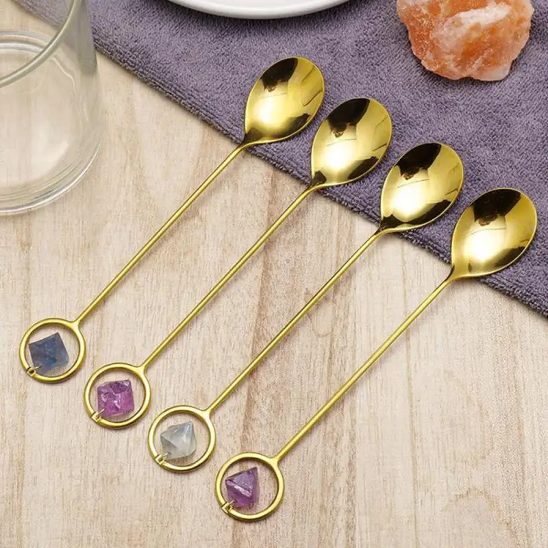 

Stainless Steel Natural Crystal Coffee Spoon Gold Drip Dessert Spoon Crystal Quartz Tea Spoon Home Tableware Decorations