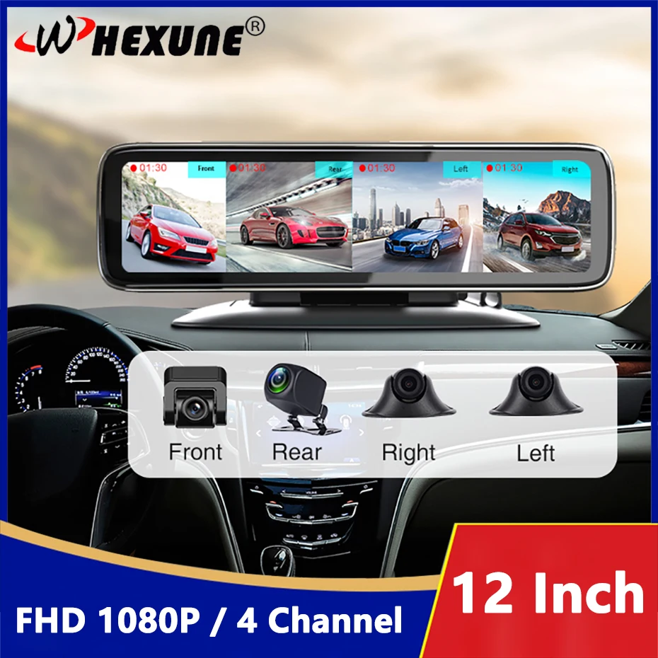 12 Inch Rearview Mirror 4 Channel Video Recorder 4 Split Display Dash Cam  Cameras 360° Panoramic Dashboard Car DVR FULL HD 1080P - AliExpress