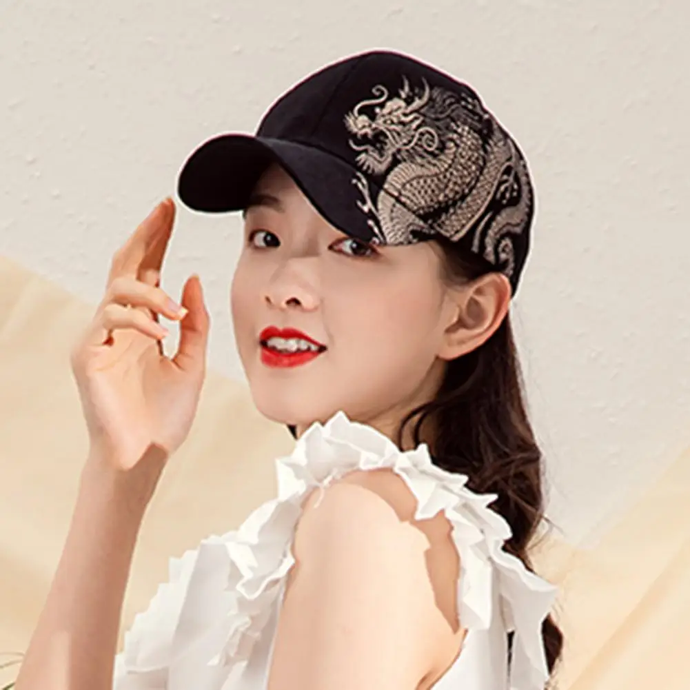 Summer Women Men Baseball Hat Retro Chinese Style Loong Animal Pattern Font Elements Adjustable Couple Baseball Cap Sun Beach