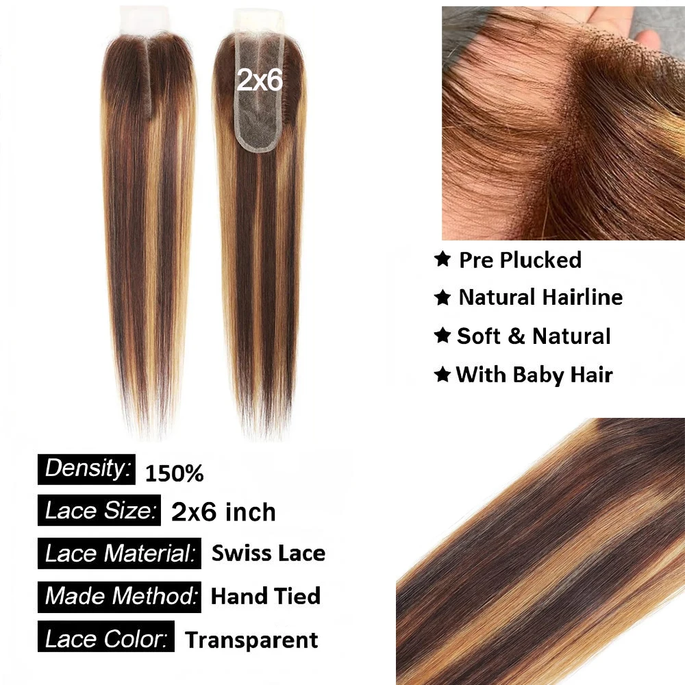 P4/27 Highlight Straight 2x6 Lace Closure Body Wave Transparent Swiss Lace Brazilian Human Hair Pre-Plucked With Baby Hair 2