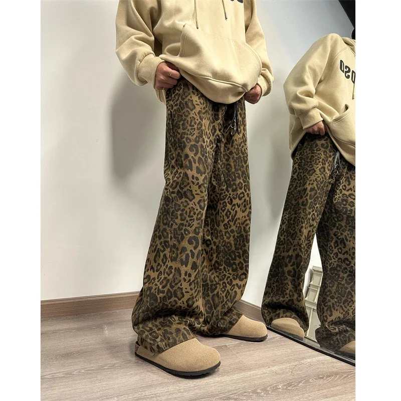 Leopard print denim men design sense American hiphop high street pantsVibe trendy brand versatile straight leg micro flared pant