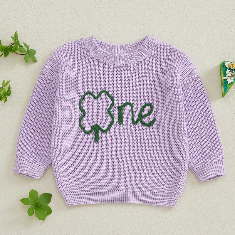 Infant Baby Boy Girl 1st Birthday Sweaters Fall Winter Clover Letter Embroidery Long Sleeve Crew Neck Pullovers Irish Clothes