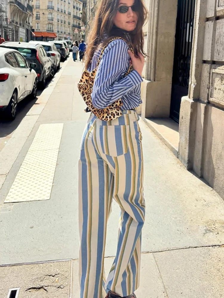 Jean décontracté rayé pour femme, taille mi-haute, avec poches à bouton unique, coupe droite, collection Printemps-Été 2026, pantalon tendance pour femme