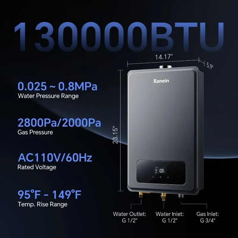 Natural Gas Tankless Water Heater, Indoor Max 5.3 GPM, 130,000 BTU Instant Hot Water Heater
