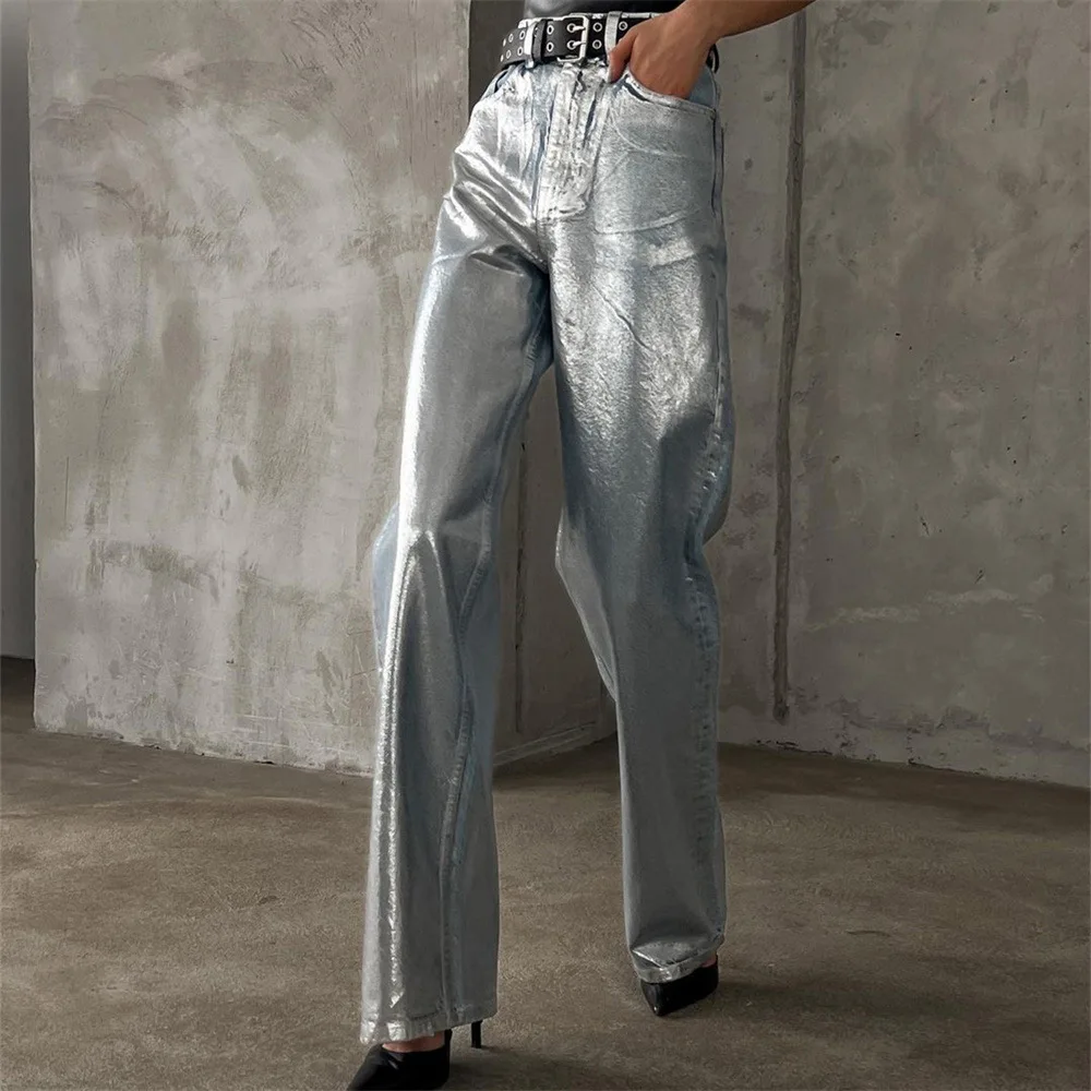 

Hot Stamping Jeans for Women Autumn High End Slimming Pants Loose Casual Straight Leg Pants for Women