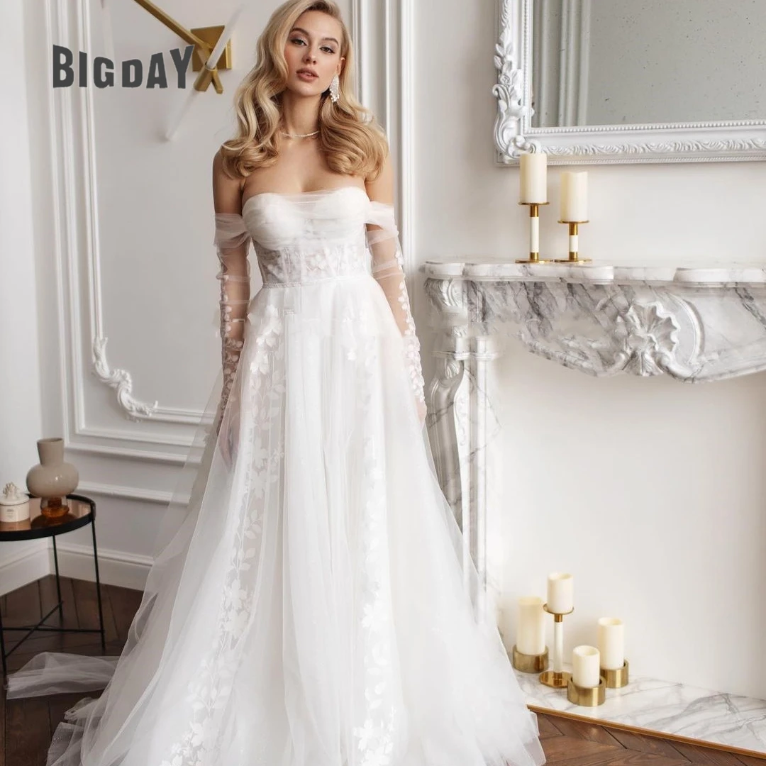 

Elegant Wedding Dresses for Woman 2024 BoHo Beach Strapless Detachable Sleeves Side Split Lace Applques Bridal Gowns vestidos