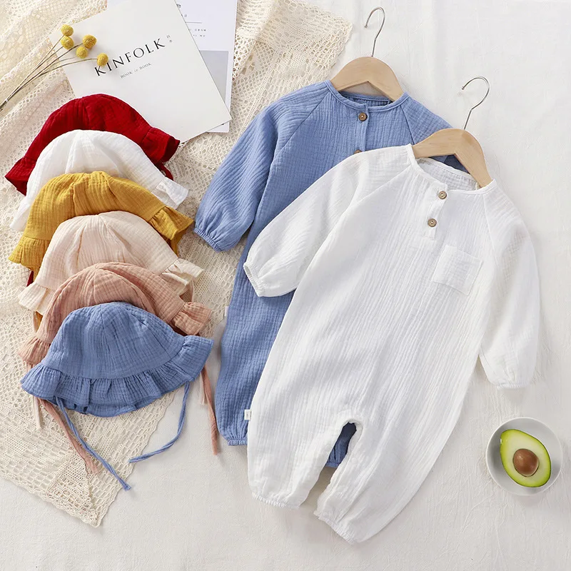 

2023 Muslin Baby Romper Hat suit Autumn Kids Jumpsuit for Girls Boys Spring Newborn Clothes Toddler Onesie Cotton Infant Ouitfit