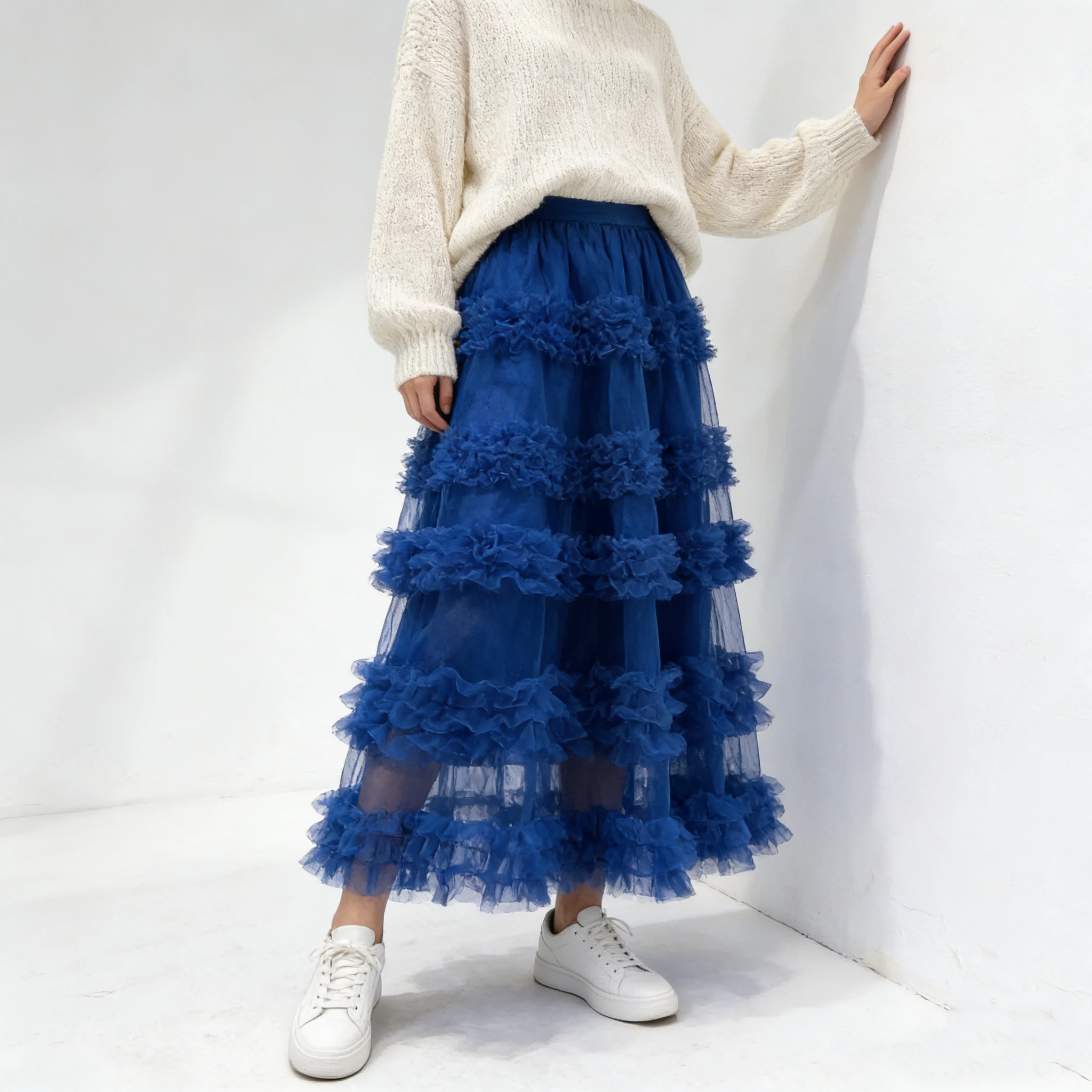 Women's Ruffle Trim Mesh Tutu Skirt, Tiered Layered A-Line Flared Skirt, High Waist Soft Tulle Puffy Skirt, Spring Summer