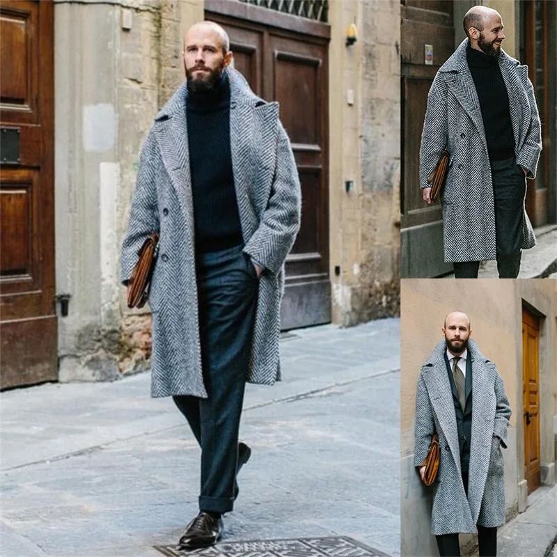

Blue Herringbone Men Suit Blazer Long Overcoat Casual Thick Tweed Jacket Prom Business King Coat Winter Custom Made Streetwear