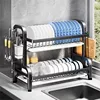 Multi-functional 1/2-Tier Dish Rack Kitchen Supplies Storage Rack Draining Rack with Chopsticks/Knives/Cutting Board Holder 6