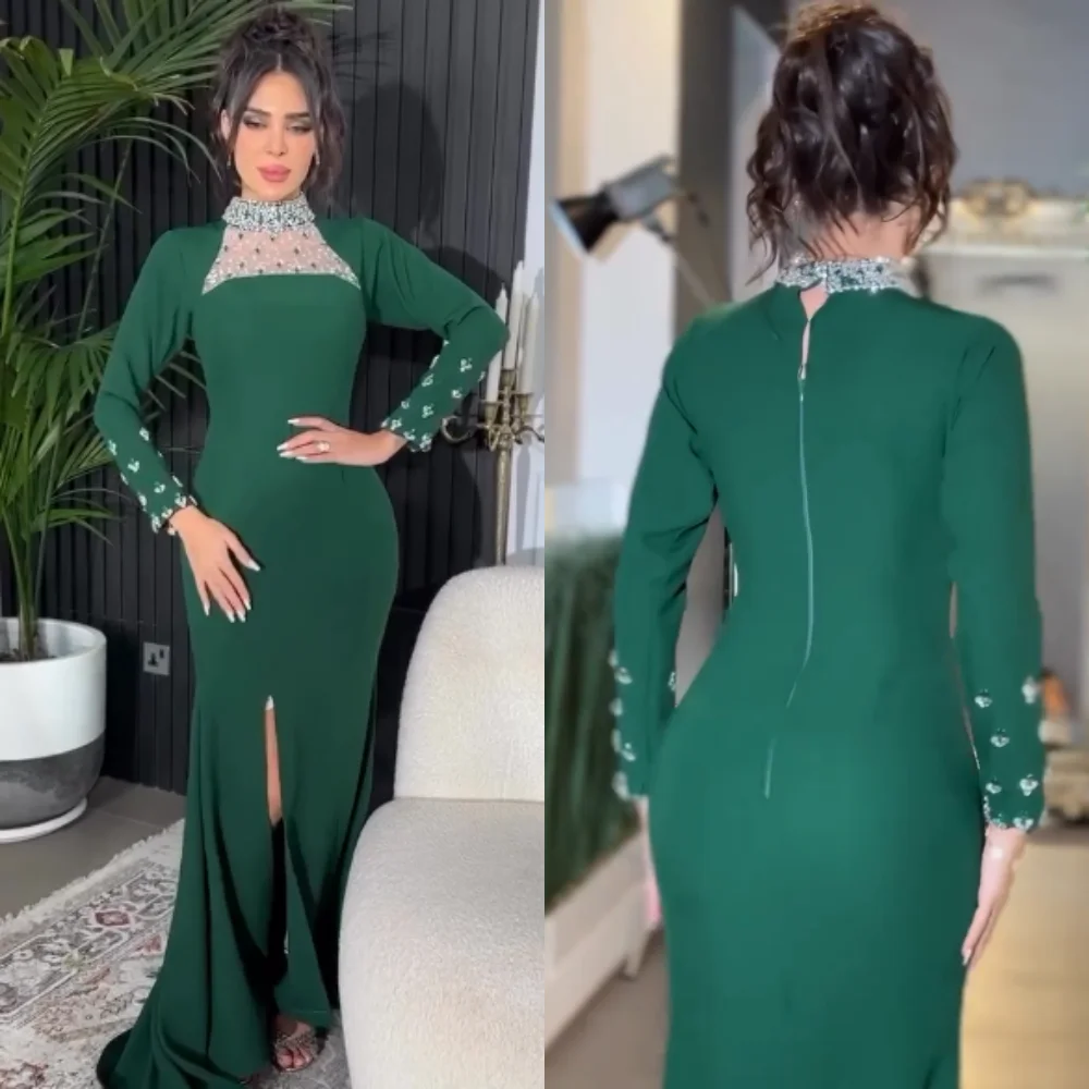 Evening Saudi Arabia Jersey Beading Engagement A-line High Collar Bespoke Occasion Gown Long Dresses