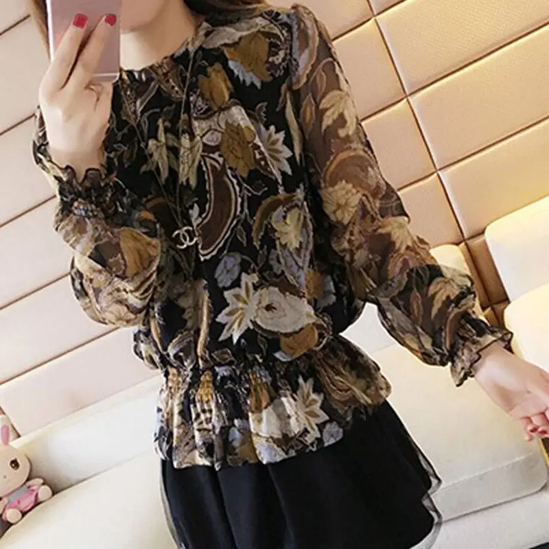 

Блузка женская с круглым вырезом, модная рубашка с винтажным принтом, свободная повседневная сорочка с длинным рукавом, в Корейском стиле, на весну-осень