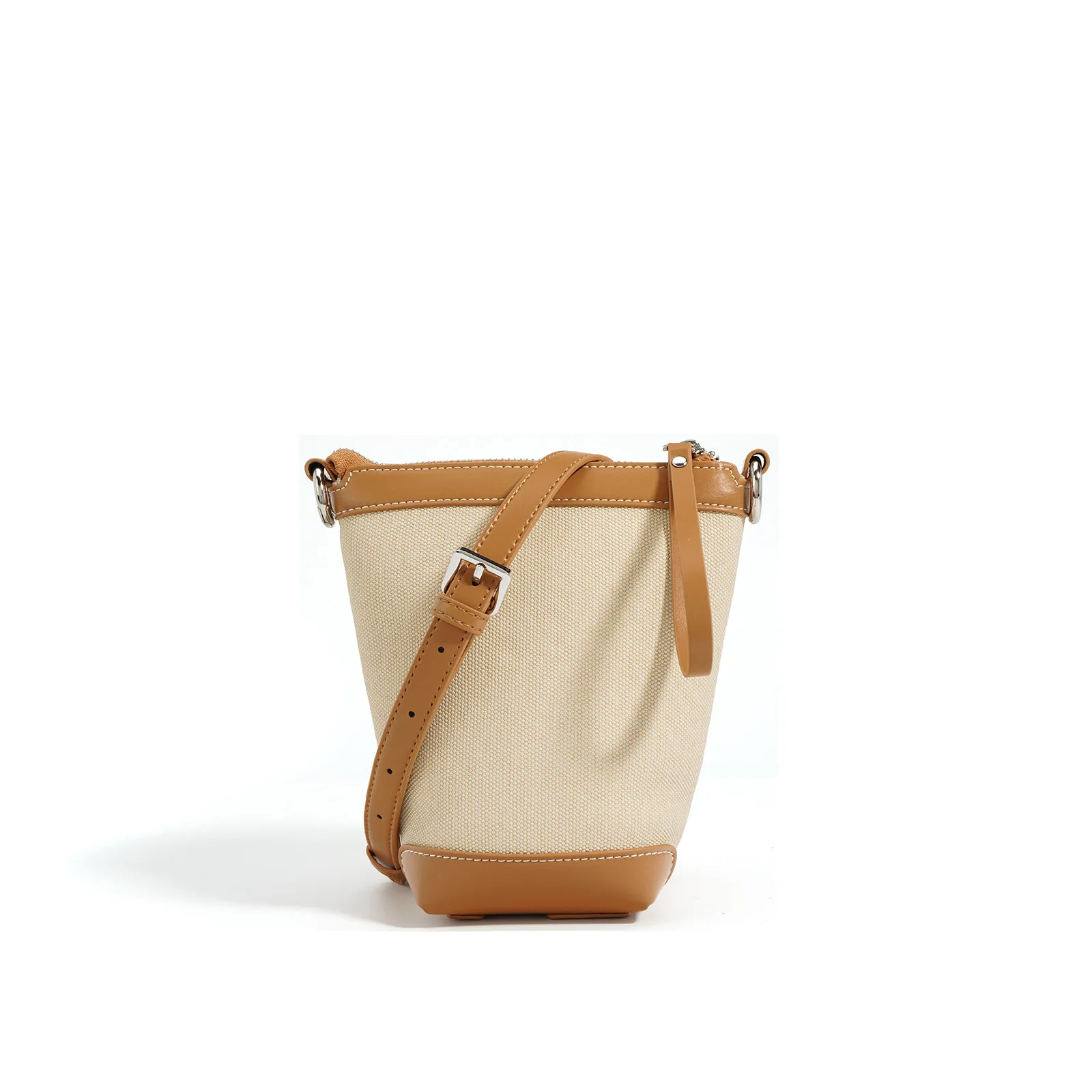 2023 Summer Canvas Bucket Bags for Women Fashionable Genuine Leather Shoulder Bag with Zipper Small Color-Block Crossbody Bag