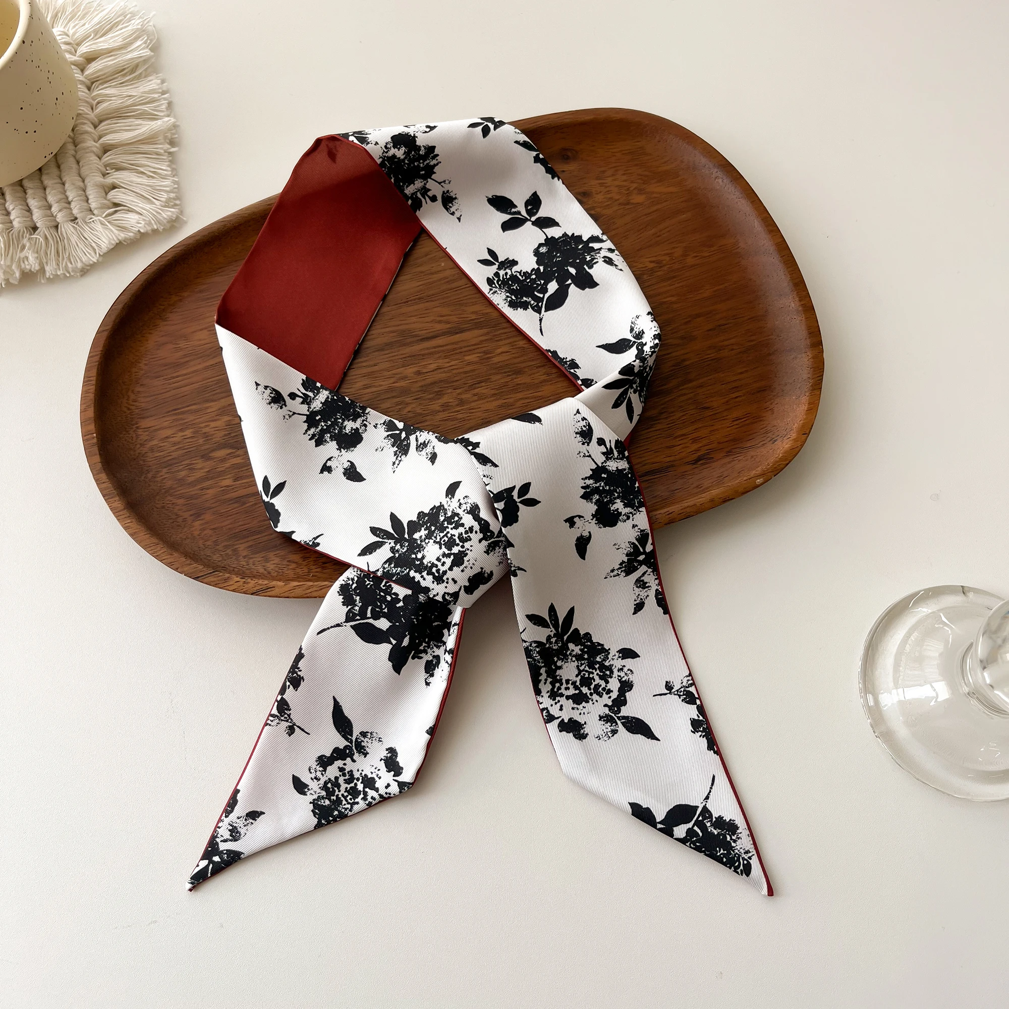 Europe 2024 Fashion New National Style Small Nroken Flower Women's Decorative Twill Binding Bag Handle Silk Scarf Ribbon Scarf 3