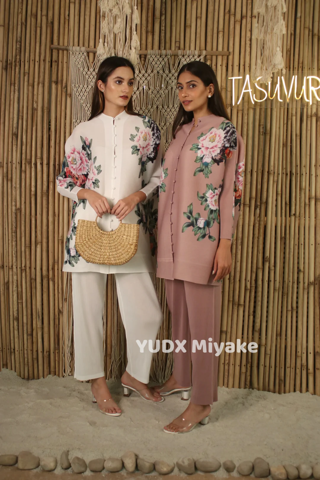 YUDX 미야케 플리츠 꽃무늬 프린트 세트, 싱글 브레스티드 긴 소매 O-넥 탑 와이드 레그 팬츠, 2025 여름 여성 의류