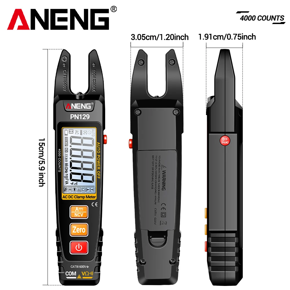 ANENG PN129 Clamp Meter U-shaped Smart 4000 Counts Multimeter Pliers AC/DC 600V Voltage Current Resistance NCV Sensing Test Tool