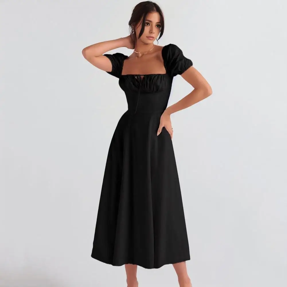 

Party Vacation Dress Elegant Square Neck Midi Dress with Tiered Ruffles Lace-up Strap Detail Women's A-line Pleated High Waist