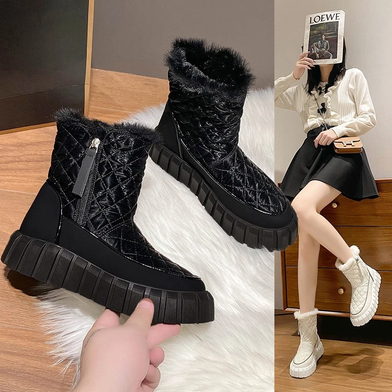 Round Toe Lady Boots  Shoes Winter Footwear Boots-Women Australia Low Lolita 2024 Rubber Autumn Snow Flock Rome Lace-Up Cotton