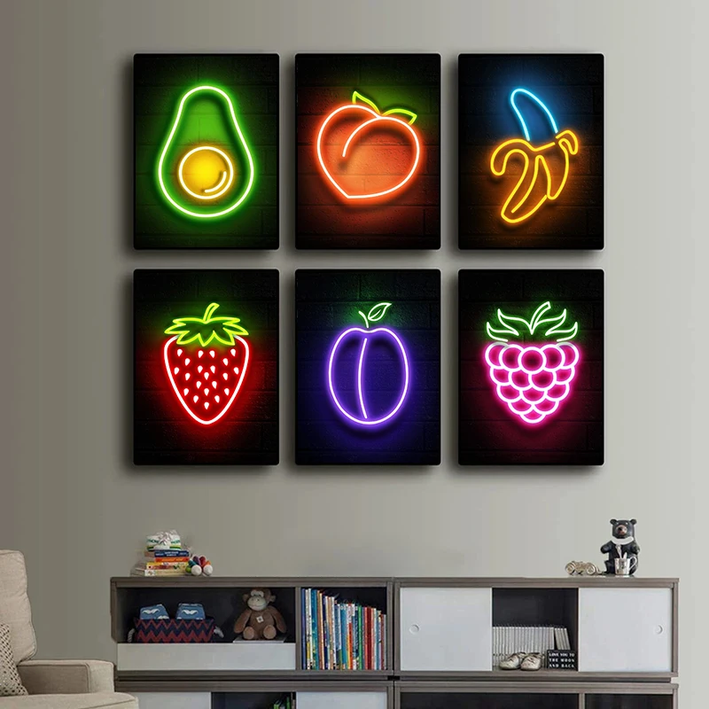 Lemon Apple Pineapple Banana Fruit Neon Sign Posters Prints Wall Art for Kitchen Home Decor