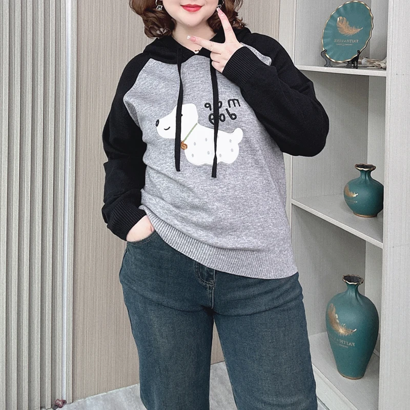 Women's Embroidered Dog Hooded Sweater, Loose Soft Knitted Pullovers, Plus Size Jumpers, Block Color Raglan Sleeves