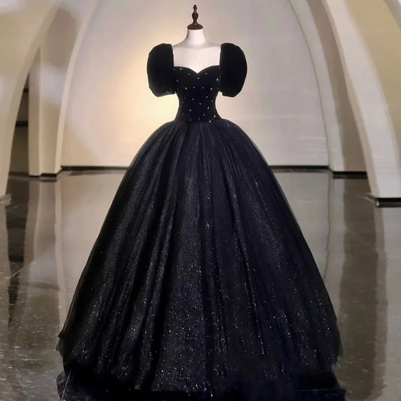 

Light Luxury Black Evening Quinceanera Dress 2023 New Sweetheart Puff Sleeve High Waist A-Line Beaded Tulle Patchwork Ball Gown