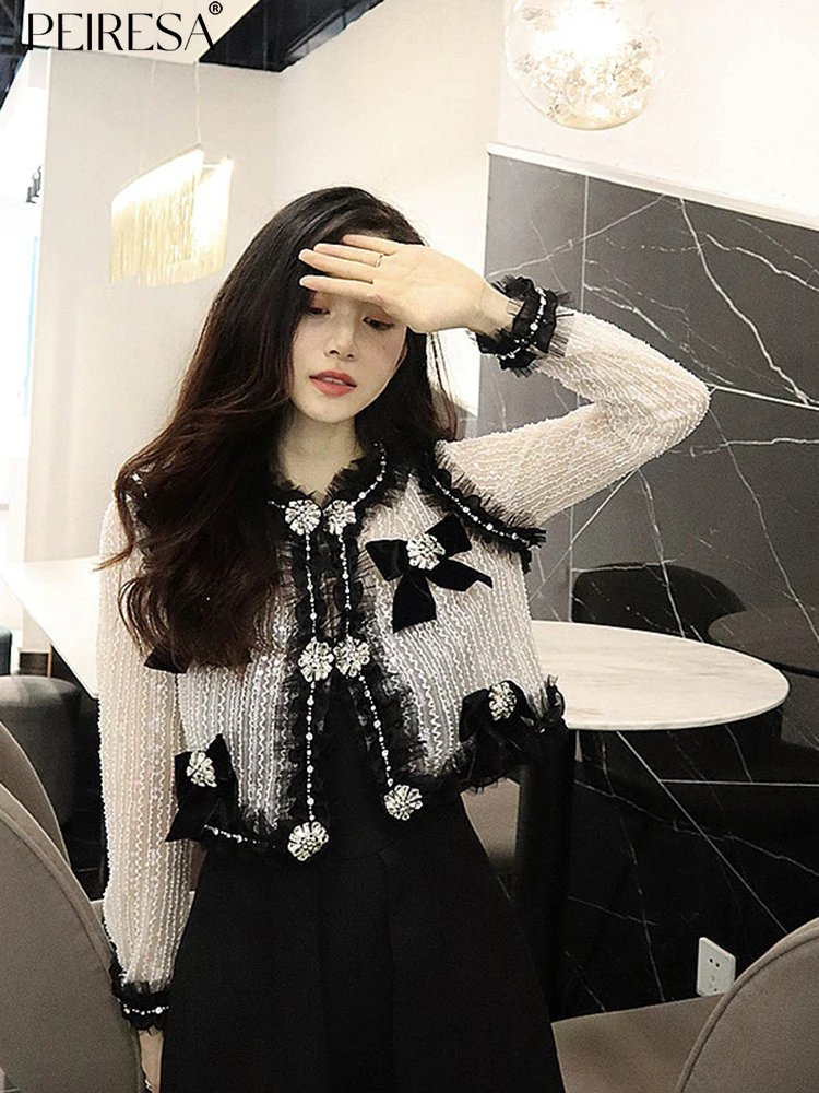 

PEIRESA French Celebrity Color Block Short Jacket Coat For Women Bow Decor Rhinestone Button Mesh Spliced O Neck Long Sleeve Top