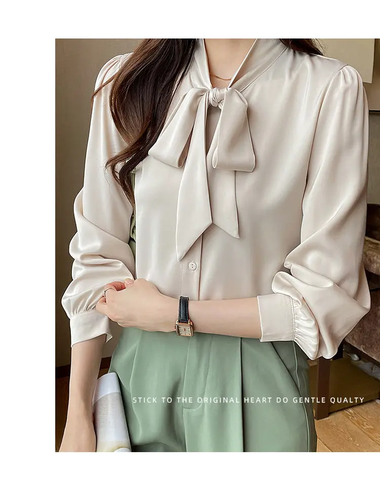 Korean Lacing Loose Solid Blouse Spring Autumn New Chiffon Long Sleeve All-match Elegant Shirt Tops Fashion Office Women Clothes