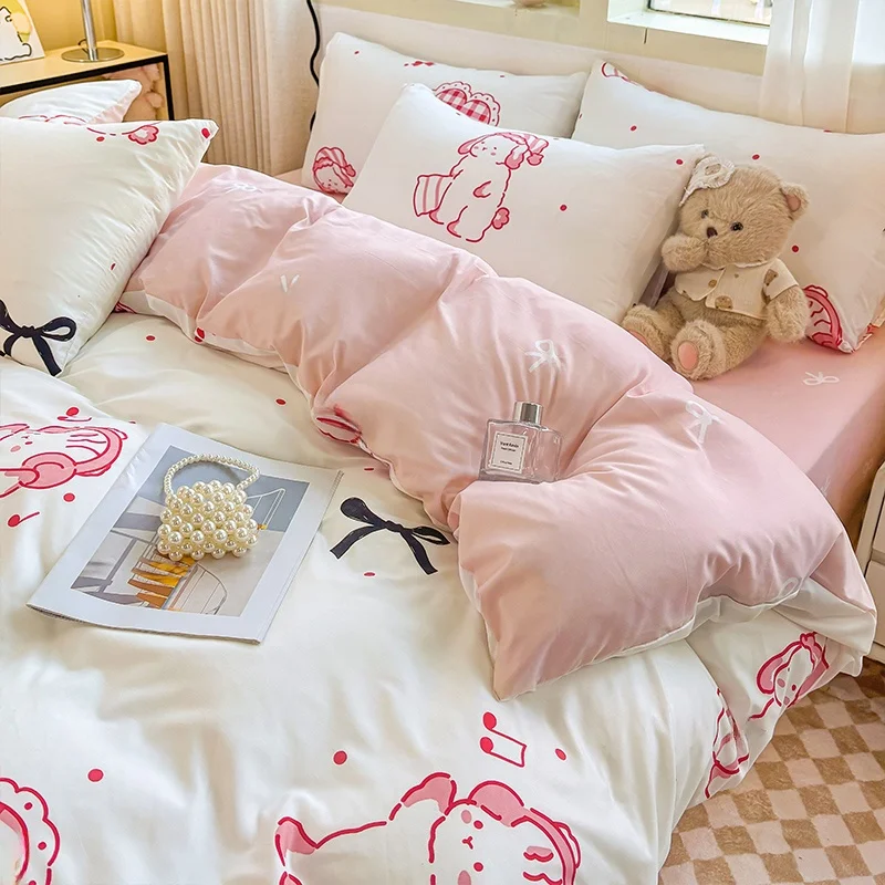 סט מצעים מפלנל כותנה שטוף מעונות סטודנטים שלושה חלקים כיסוי סדין למיטה יחיד כיסוי שמיכה בסגנון רענן נוח ידידותי לעור