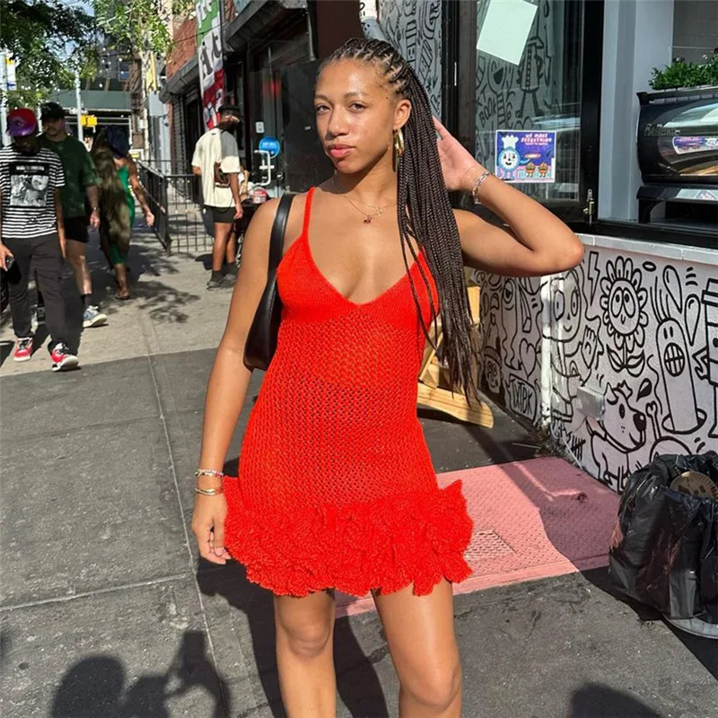 Summer Women's New Sexy Splicing A-line Skirt With Hollow Out Mushroom Edge Knitted Strap Bag Hip Dress