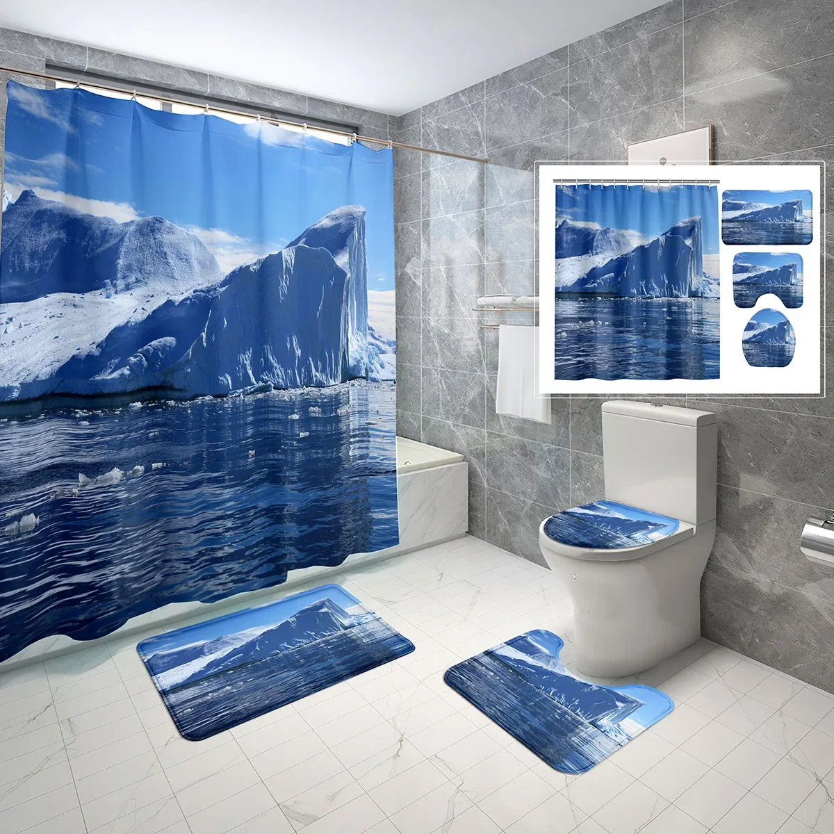 

4 Pcs Antarctica Shower Curtain Sets with Non-Slip Rugs Mat Toilet Lid Nature Snow Mountain Scene Waterproof Shower Curtain Set