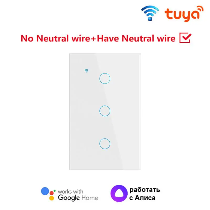 

Умный светодиодный выключатель Tuya WiFi US, нейтральный провод/без нейтрального провода, требуется настенный сенсорный выключатель 120 типа, работает с Alexa, Home