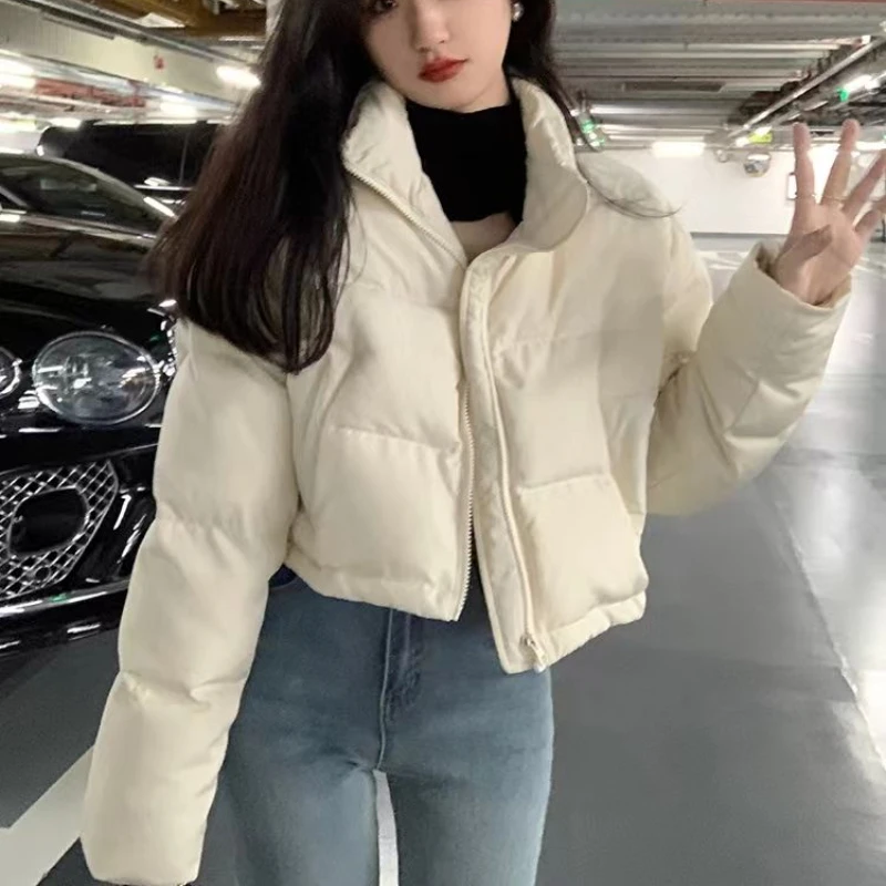 Cropped Parkas Women Winter Thicken Baggy Stand Collar Pure Minimalist Clothes Korean Fashion Students Warm Cozy Zip-Up Vintage