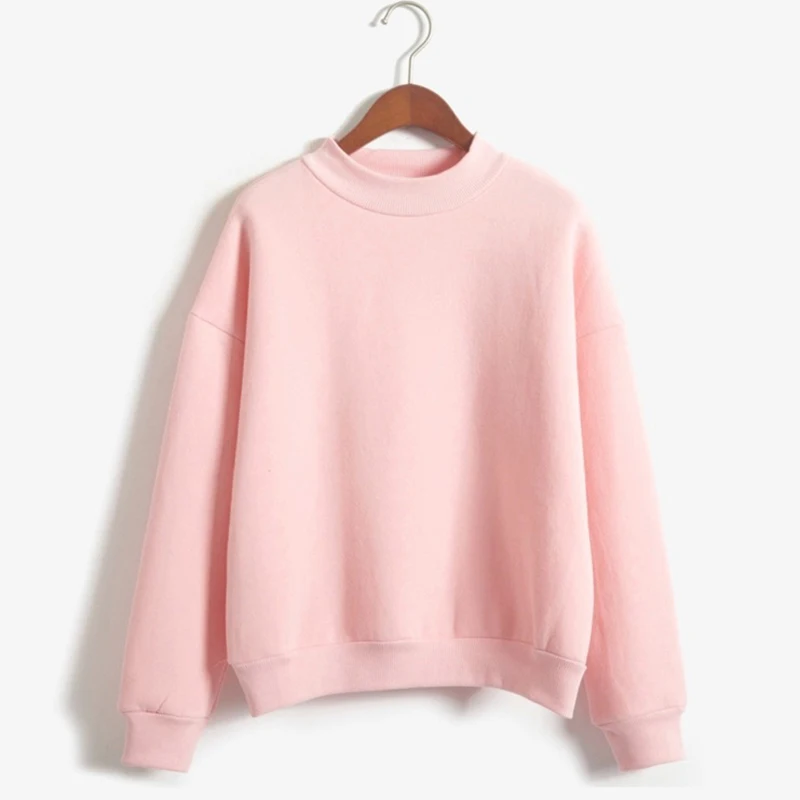 Christmas Fleece Half High Neck Long Sleeve Casual Top Woman Sweet Clothes Autumn Winter Youthful Solid Simple Pink Sweatshirts 2