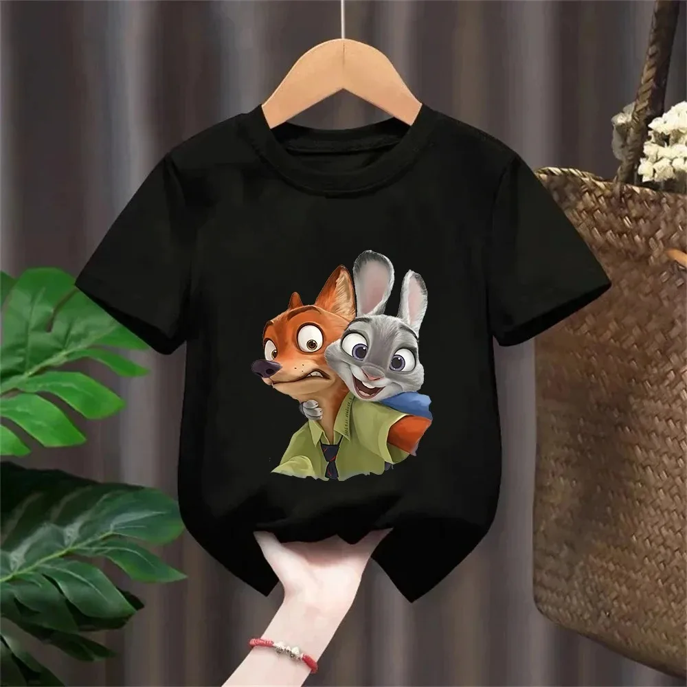 Zootopia 키즈 티셔츠 여름 어린이 영화 코튼 반팔 탑 소년 애니메이션 패션 귀여운 티 소녀 캐주얼 의류 생일 선물