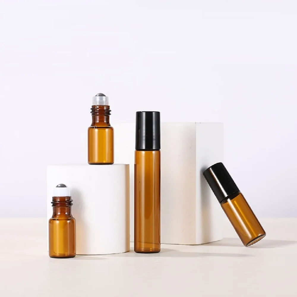 3/5/10ML Amber Glass Roller Perfume Bottle Empty Mini Roll on Gold Black Cap Cosmetics Sample Tube Thin Vials Refillable Bottle 4