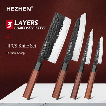 HEZHEN 1PC-4PC Set di coltelli da cucina Utility Acciaio inossidabile Forgiatura 3 strati Acciaio composito Santoku Nakiri Accessori da cucina 1