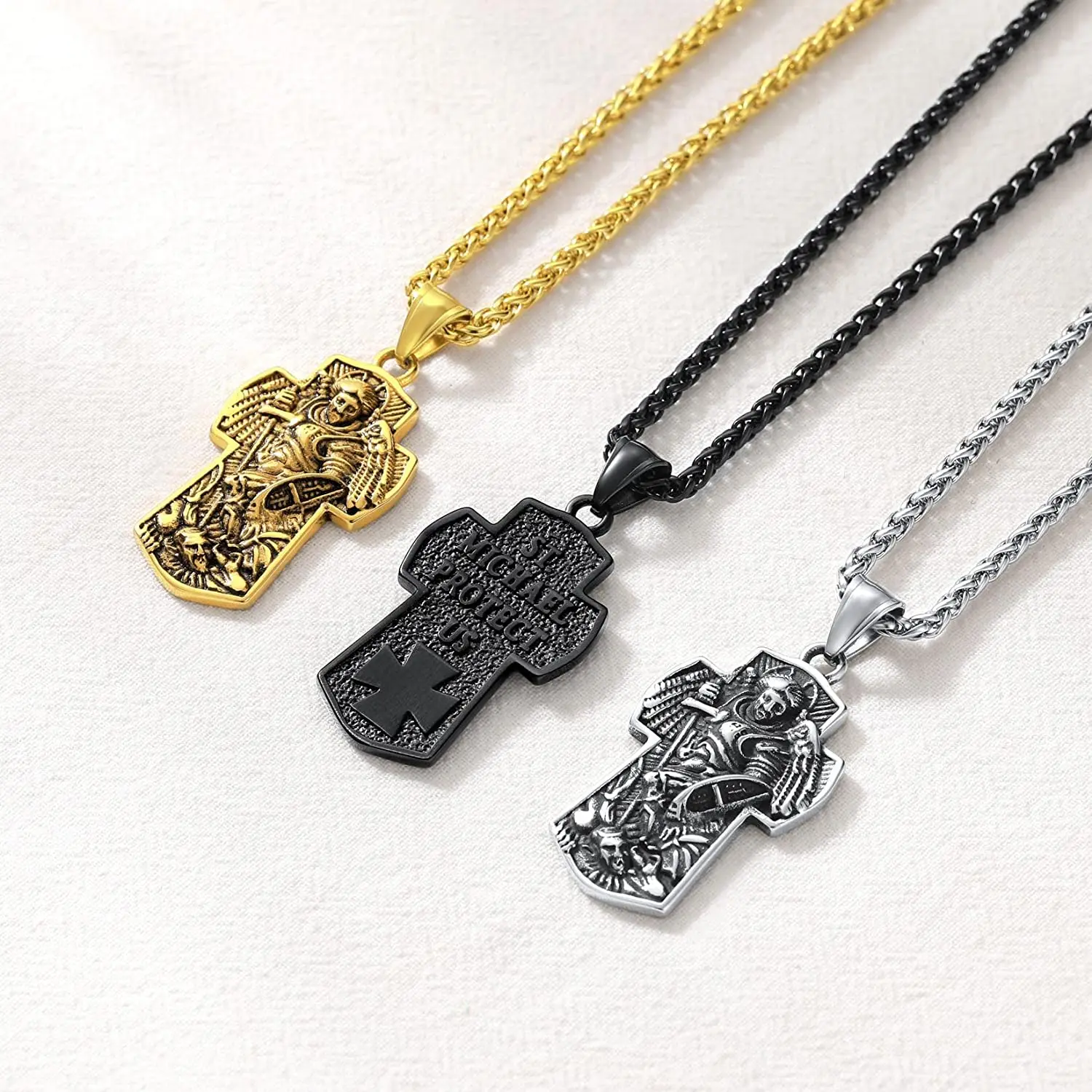 U7 Saint Michael The Archangel Necklace Stainless Steel Gold Color Catholic Amulet Gift St. Michael Cross Pendant for Men Women